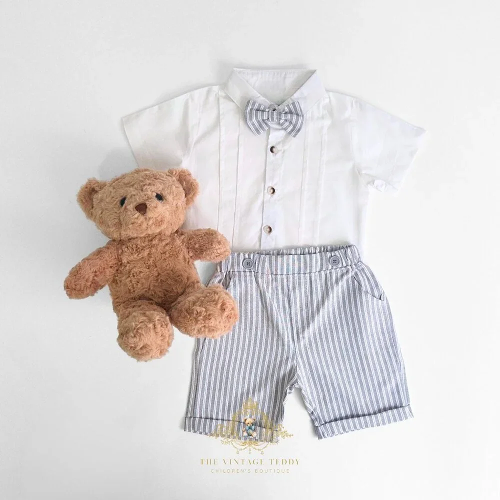 NWT Handsome Boys Oxford Button Down Shirt Shorts & Bow Tie Matching Set 3T